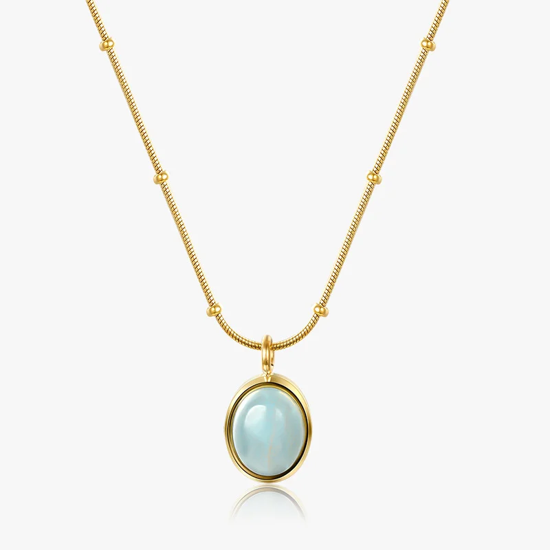 

Natural Aquamarine Pendant Necklaces Stainless Steel Oval Gem Clavicle Chain Women Choker Golden Collar Trendy Jewelry Accessory