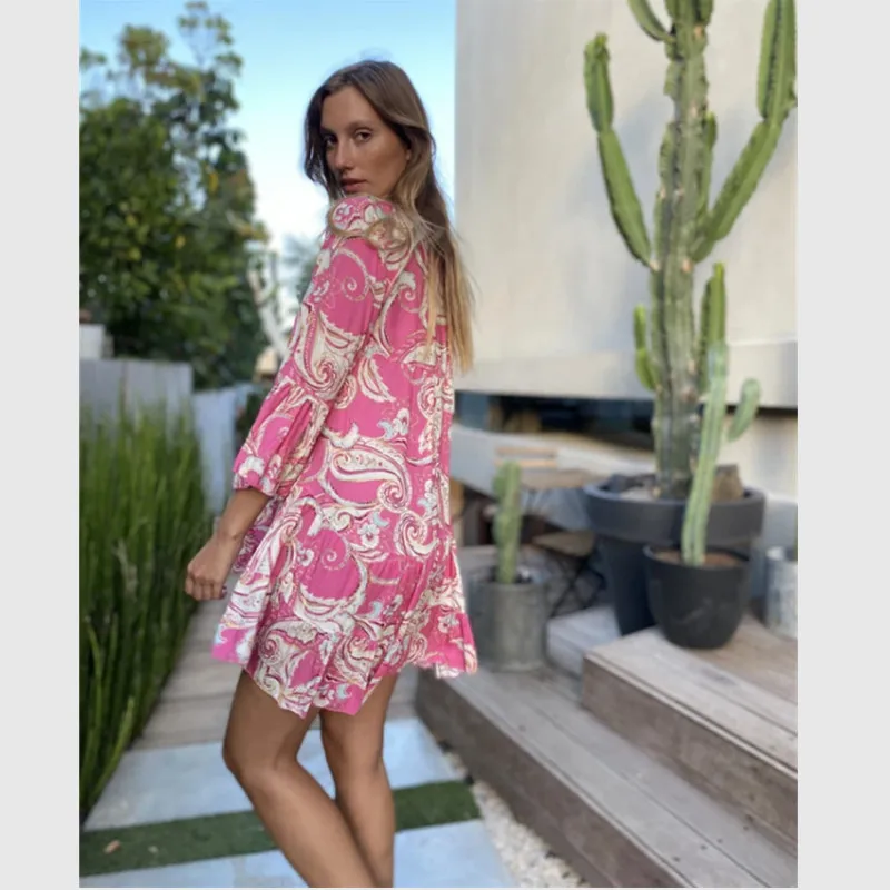 

Beach Party Mini Dress 2021 New Boho Printed Casual Flared Sleeve Pleated Dress Big Swing Loose Dress Sexy V-Neck Women Vestidos