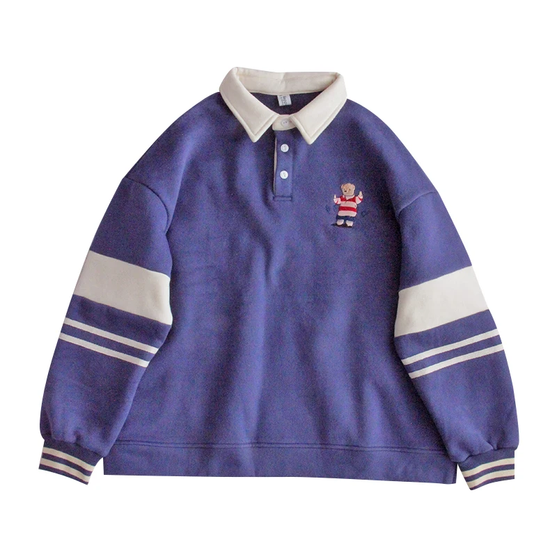 

Plus Velvet Lapel Collar Hoodies Girl Winter Korean Harajuku INS Uniform Bear Embroidery Pullover Women Outer Tops Student