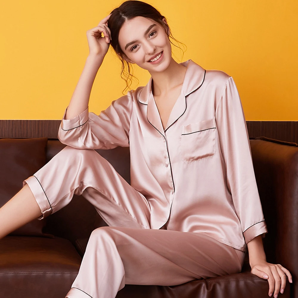 100% Mulberry Silk Women 2pcs Pajamas Suit Home Clothes Long-sleeved Sleepwear Sets for Girls