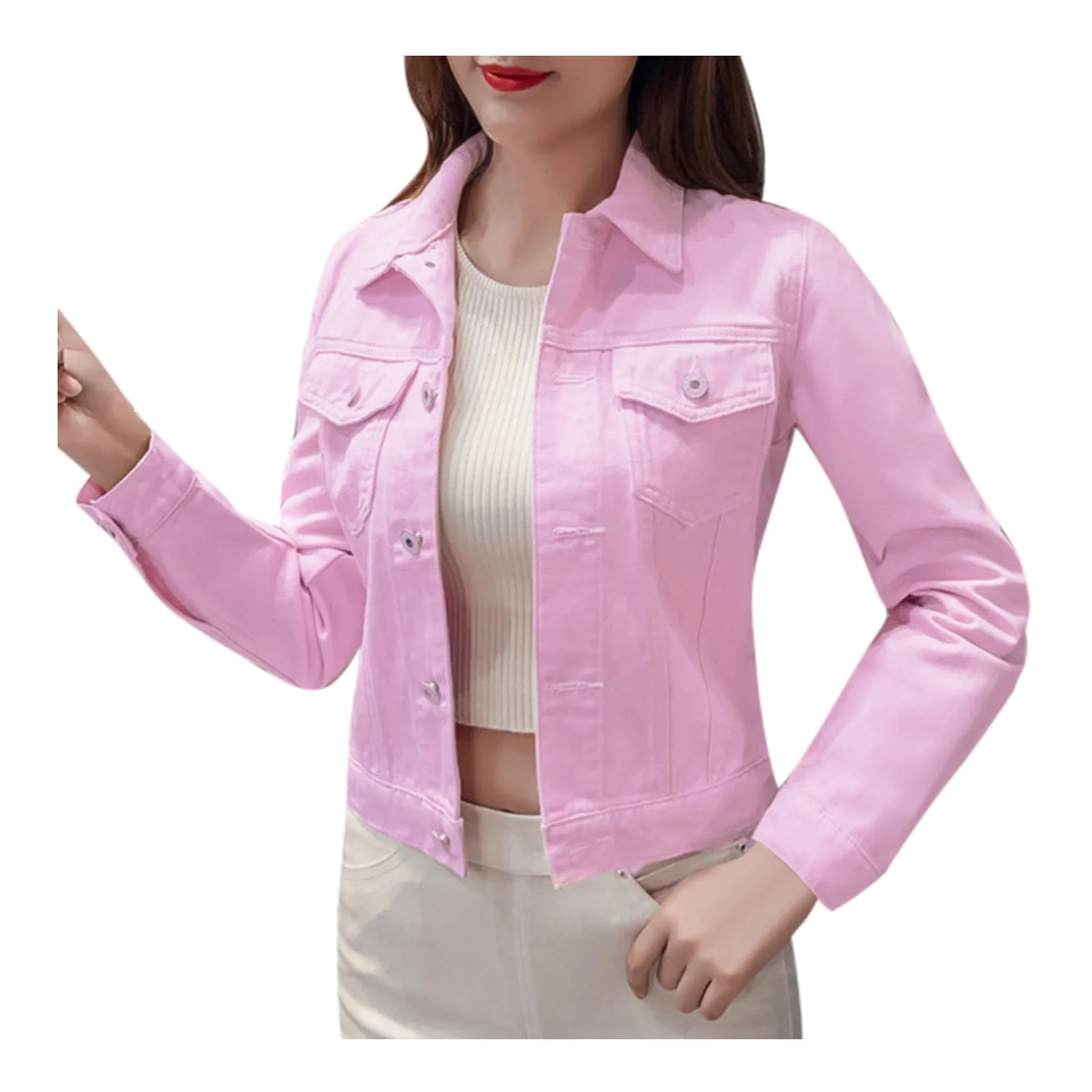 Женская джинсовая куртка короткая однобортная из денима на осень 2021 |