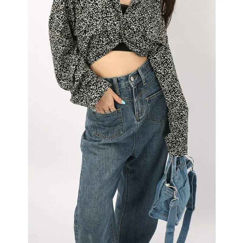 

Retro Blue High Waist Loose Straight Jeans Women Wide-leg Trousers Stitching Harajuku Street Apparel Trousers 2021 New y2k