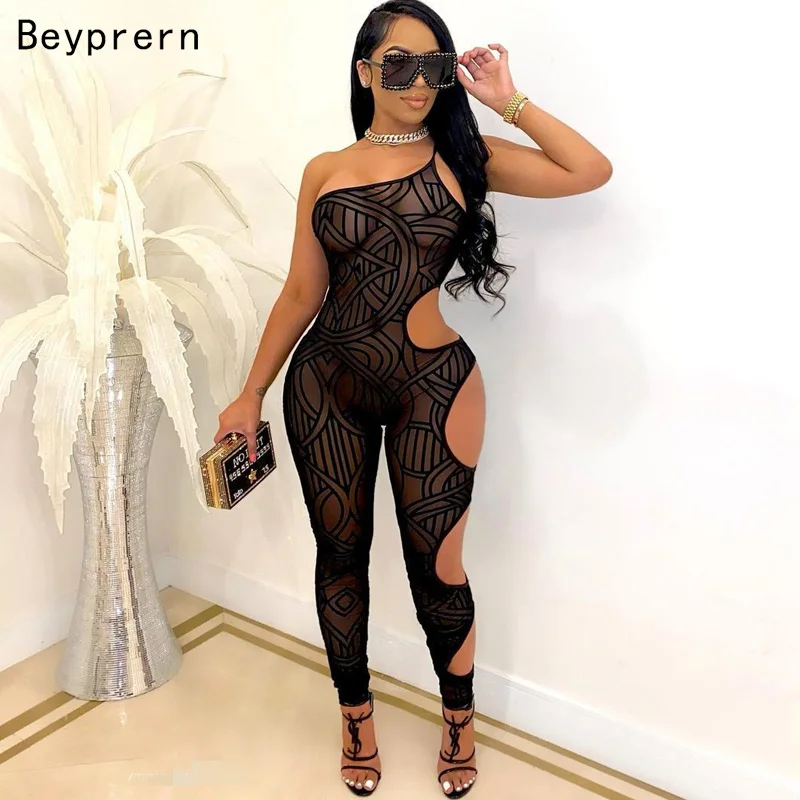 

Beyprern New Chic Black Sheer Mesh Patchwork Sexy Jumpsuit Women See Through Long Pants Romper Overalls Party Club Catsuits