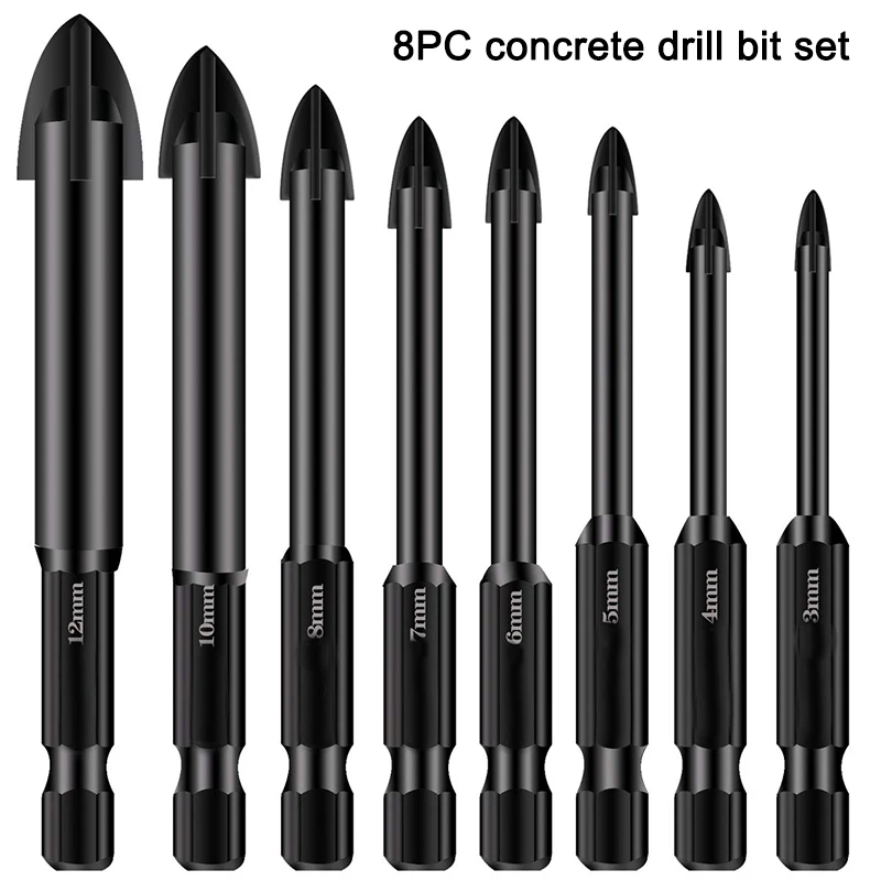 

8PC Concrete Bit Set Masonry Drill Bit for Ceramic Tile Brick Plastic and Wood Tungsten Carbide Cuttingedge Oxynitriding Process