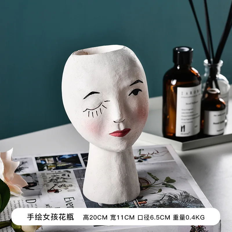 Керамическая абстрактная ваза белая девушка лицо ручная роспись креативная