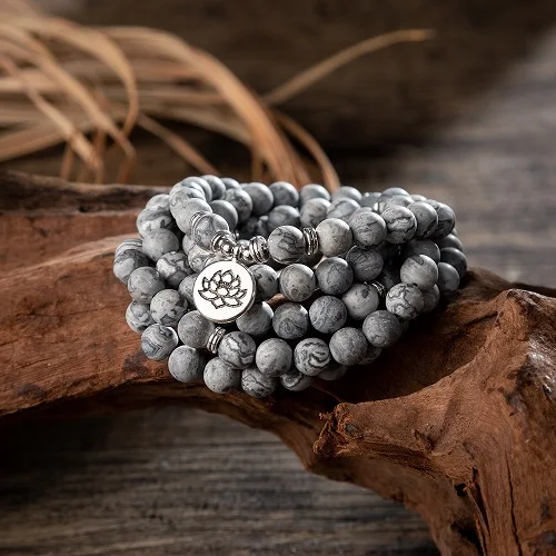 greyagate lotus 108 бусы натуральные камни Мала Будда Лотос дерево чакра Йога пара очарованные эластичные браслеты - Окраска металла: greyagate lotus