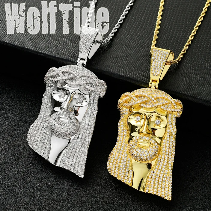 

New Fashion Bling Iced Out Jesus Head Christ Portrait Pendant Necklace Hip Hop CZ Zircon Religious Jewelry Gift for Men Women