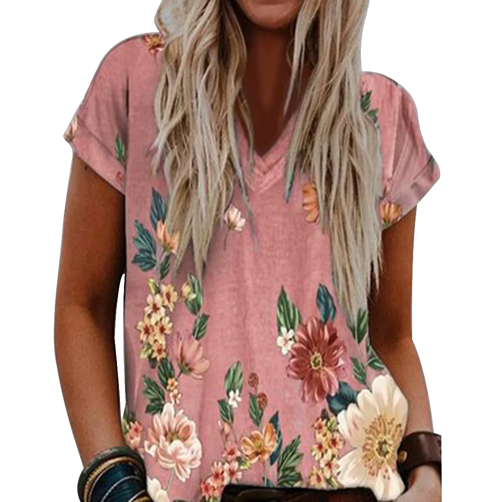 

Женская футболка с цветочным принтом, V-образным вырезом и коротким рукавом