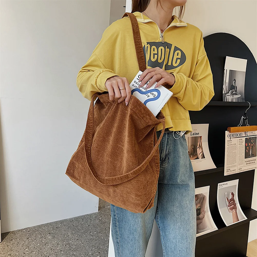 

Женская модная Вельветовая сумка в стиле преппи, однотонная вместительная сумка через плечо, многоразовая складная сумка для покупок для с...