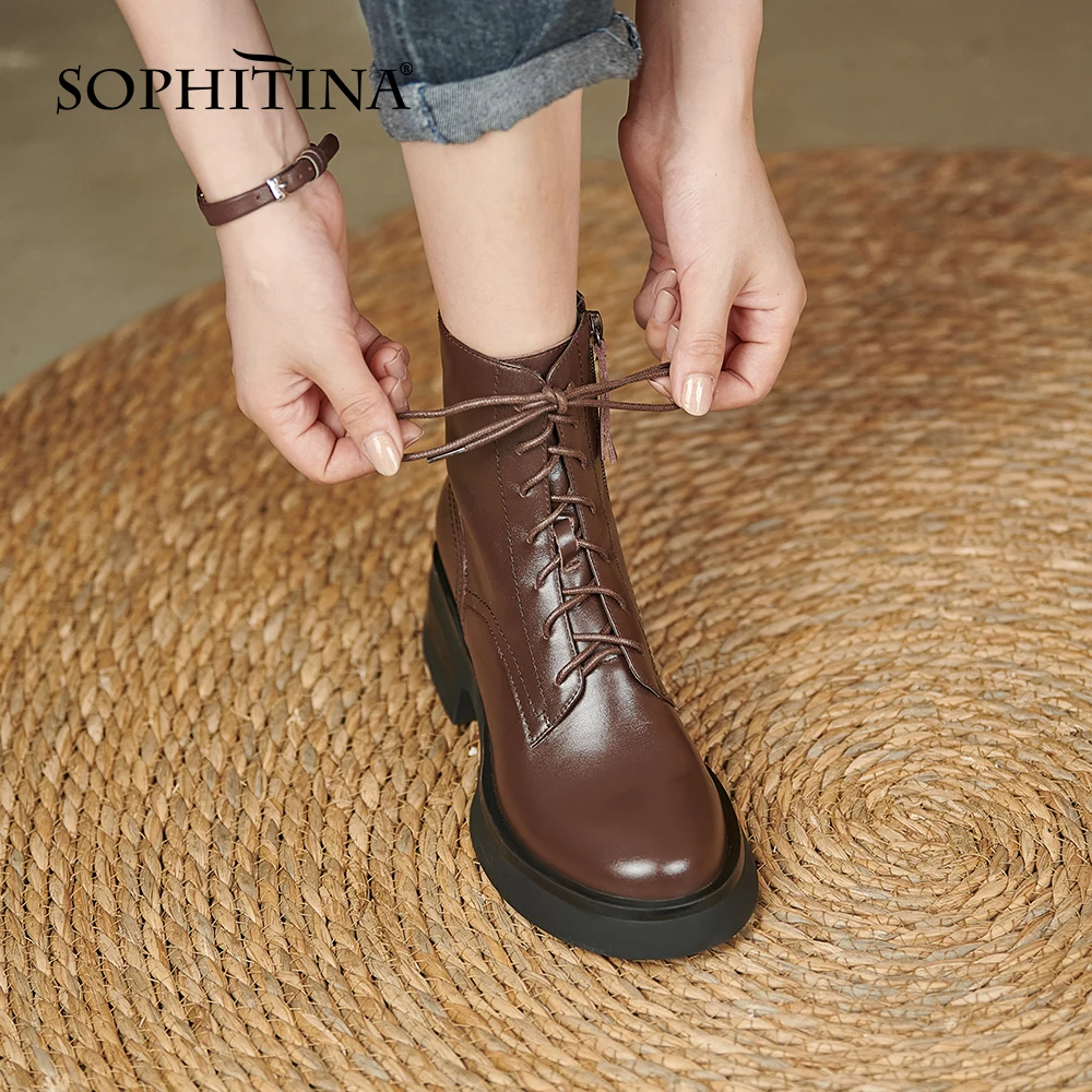 

SOPHITINA Platform Ankle Boots Women Casual All-Match Genuine Leather Shoes Cross-Tied Zipper Comfort Fashion Female Boots FO922
