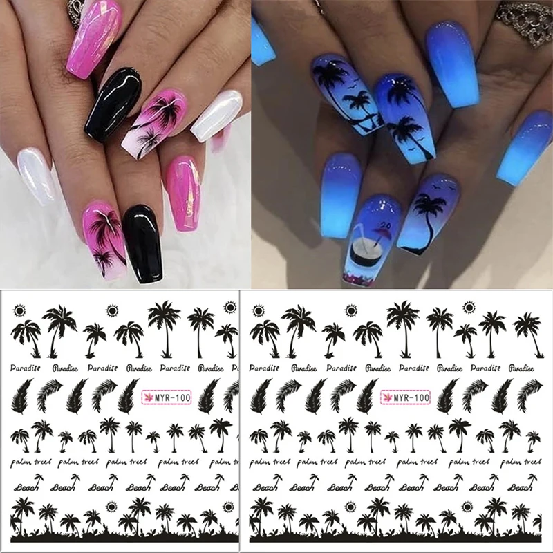 

1Pcs 2021 Tropical Style Summer Palm Tree Design Nail Stickers Coconut Tree Water Transfer Paper Nail Decals DIY Nail Art Decor
