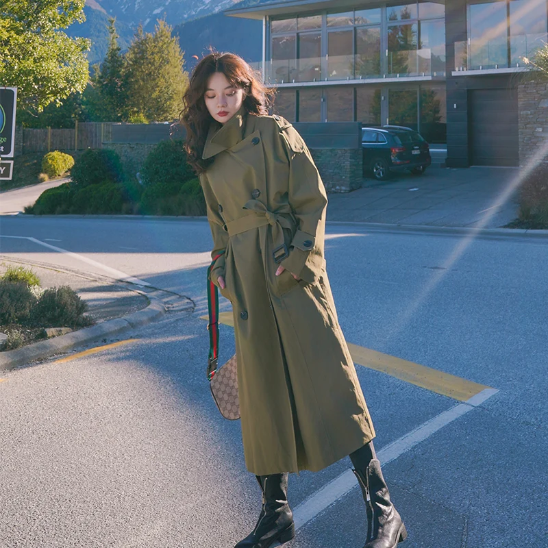 Женский двубортный Тренч армейского зеленого цвета офисный дамский плащ