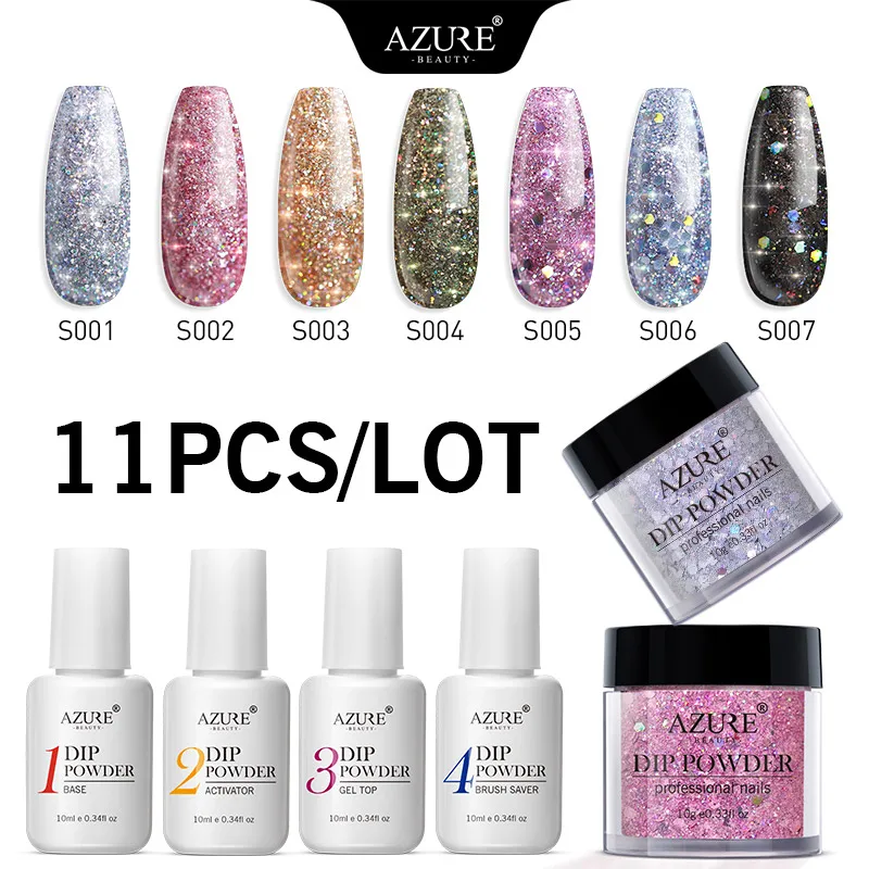 Лазурный красота 11 шт./лот Блестящий лак для ногтей Dip порошок основа Топ гель