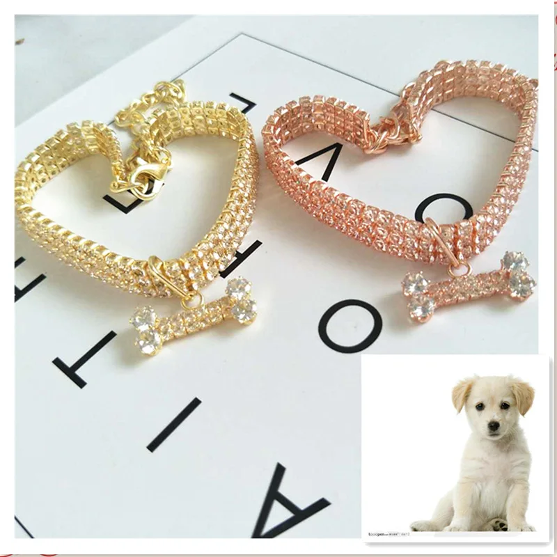 

New Dog Fashion Pet Necklace Metal Three Drain Flash Crystal Rhinestone Zircon Bone Jewelry High-end Pet Collar Cat Dog Supplies