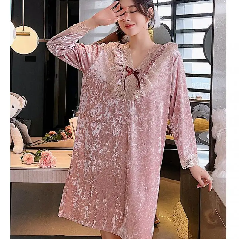 

Women Pink Velour Nightgown Sexy Lace Sleep Dress V-neck Nightdress Female Casual Nightwear Velvet Home Dress Loungewear