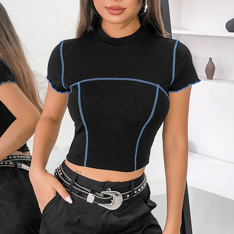 Черная футболка женская плотная контрастная шва хлопок ребра Повседневная