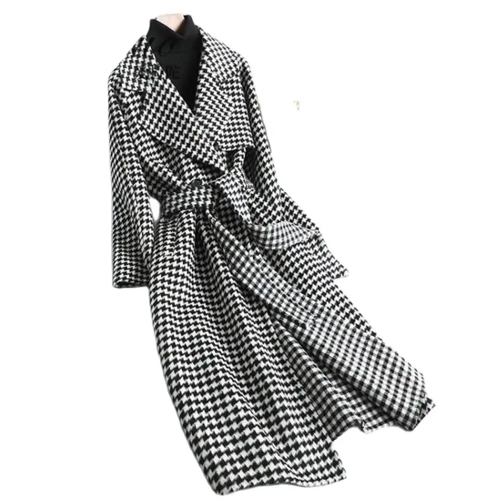 

Women Long Plaid Woolen Jackets Houndstooth Waistband Coats Spring Blends Long Outerwear Autumn Belt Overcoat Wool S-2xl