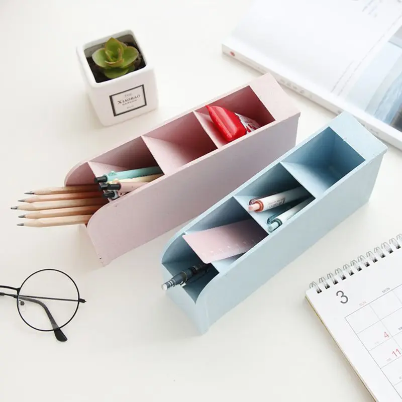 

New Multi-function 4 Grid Desktop Pen Holder Office School Storage Case Box Wheat Straw Desk Pencil Organizer Stationery