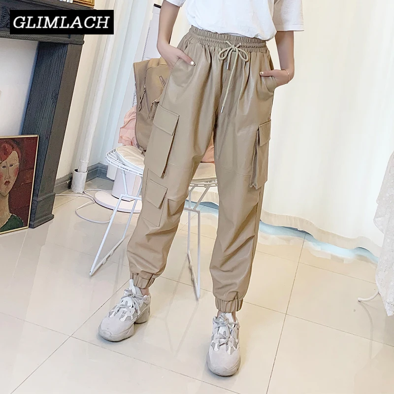 Женские брюки карго из натуральной овечьей кожи свободные для бега с несколькими