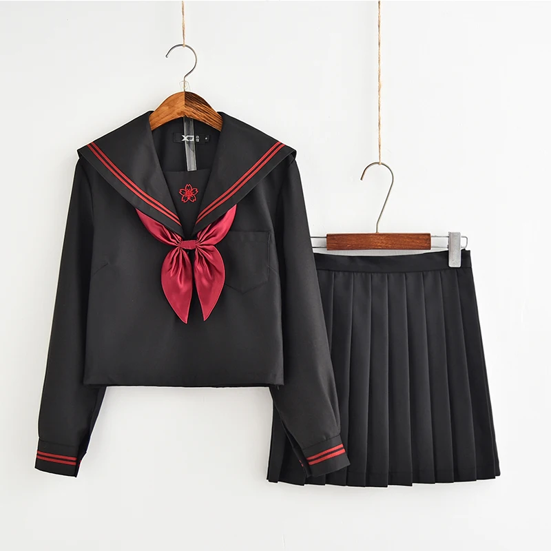 Long Sleeve Set UPHYD школьная форма Япония девушки с коротким рукавом Jk костюм моряка для маскарада футболка консервативный стиль колледж юбка Женский костюм комплект черный - Цвет: Long Sleeve Set