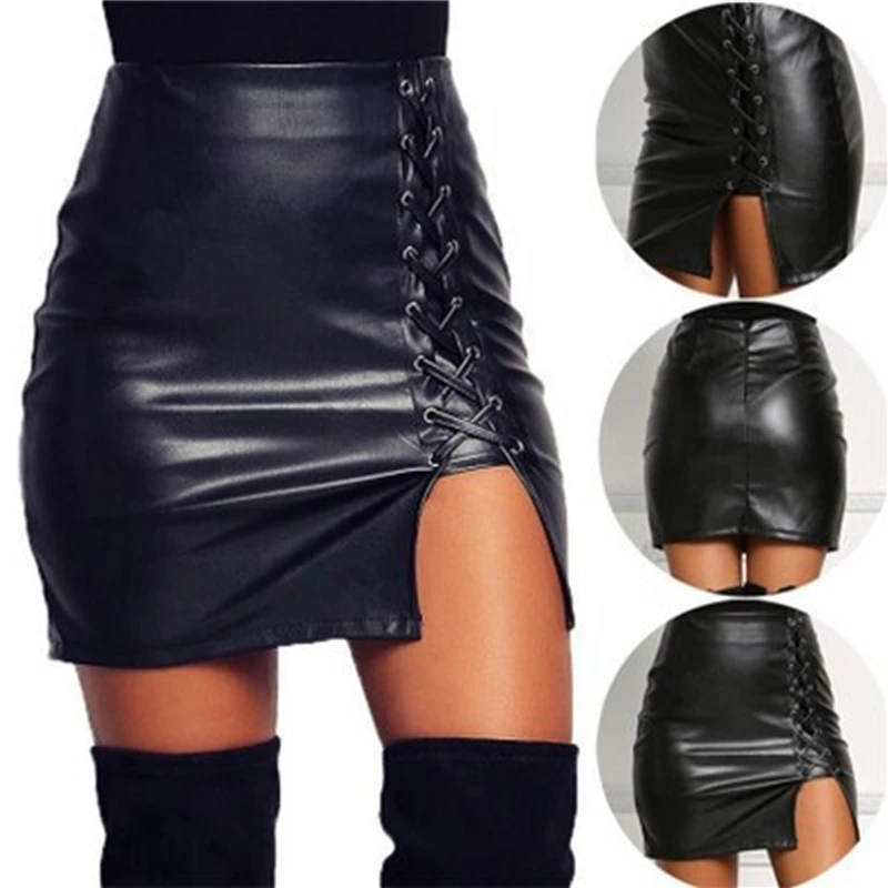 

Spring Summer Women Side Split Pencil Skirts Black Lace Up PU Leather Skirts Vintage Bodycon High Waist Mini Skirt
