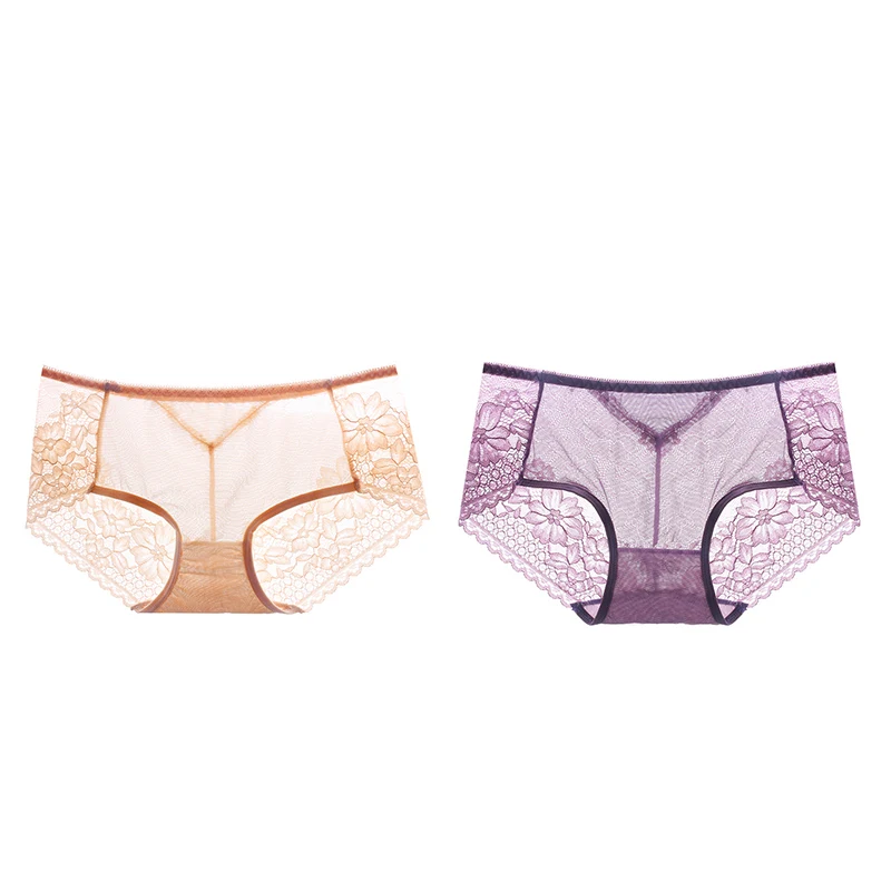 nude purple Meizimei, сексуальные цветочные женские штаны, кружевное белье, Ультра тонкое, короткие, хлопковые, прозрачные, размера плюс, трусики, нижнее белье, 2 шт, M, L, XL Размер - Цвет: nude purple