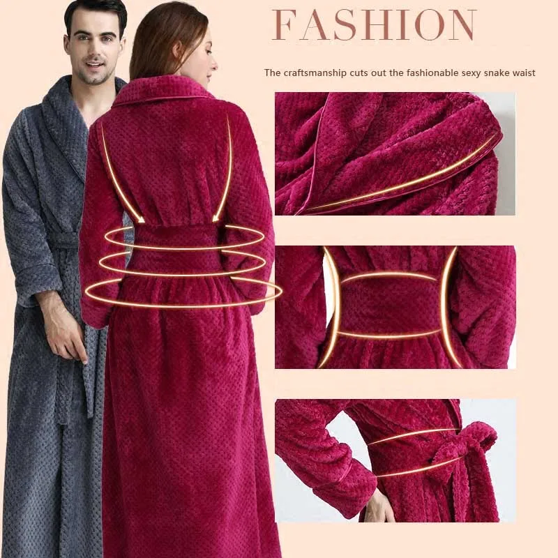 

Women Bathrobe Winter Thicken Warm Flannel Bath Robe Long Plus Size Lovers Couples Night Dressing Gown Men Nightgown
