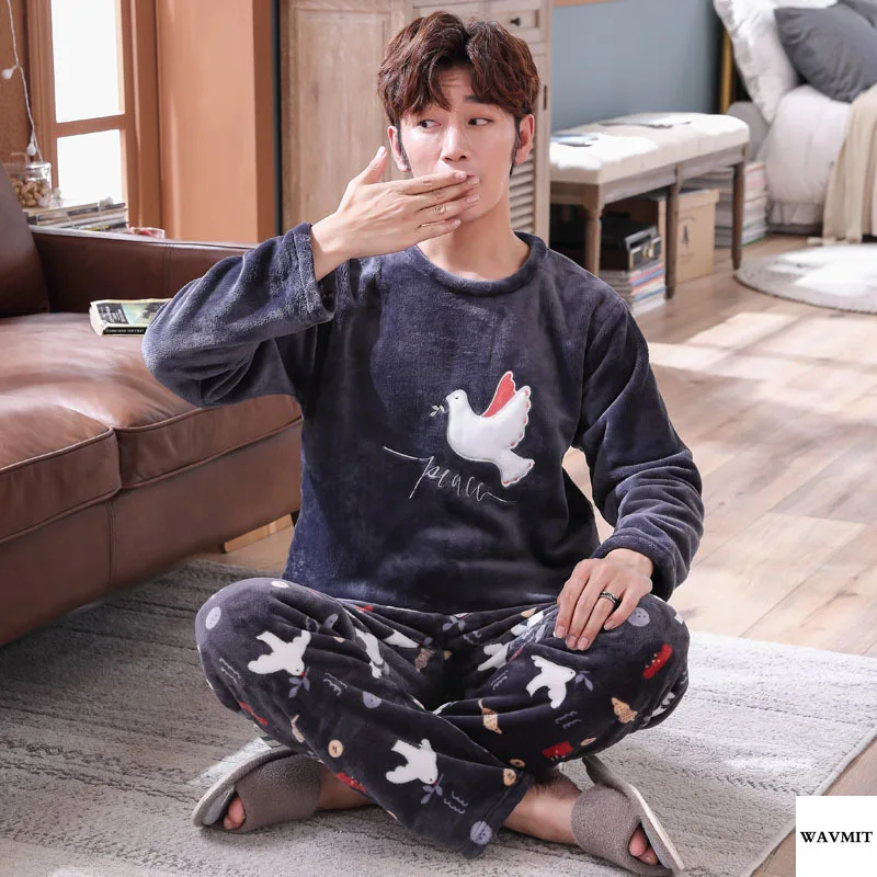 Пижамный комплект мужской фланелевый с длинным рукавом одежда для сна принтом