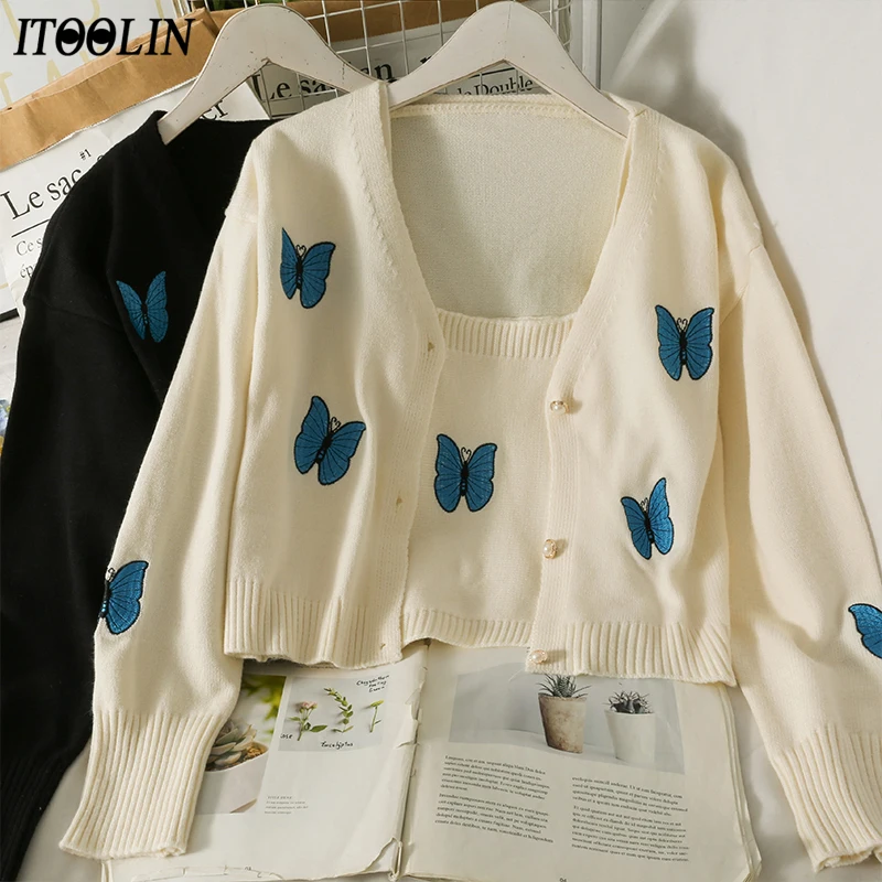 

Женский костюм ITOOLIN из двух предметов, осень 2021, милый кардиган с вышивкой бабочки, свитер, короткий топ с короткой кофтой