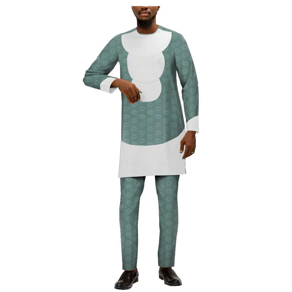 Africa print cotton suit for men bazin rich full sleeves side slit top+ slim pants men's casual T1916009 | Мужская одежда