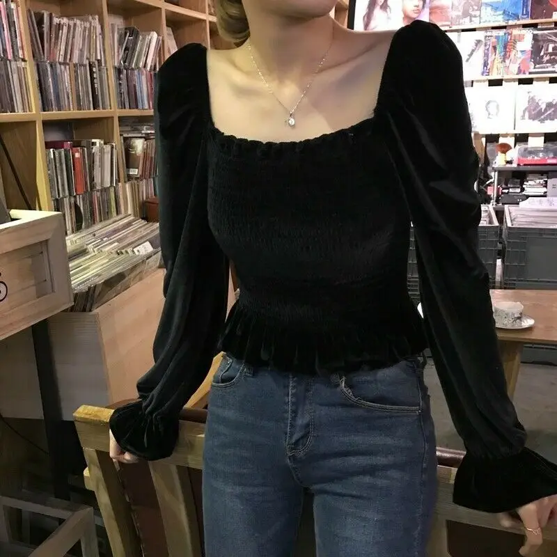 

Ladies Velvet Lolita Gothic Tops Puff Sleeve Flared Off Shoulder Vintage