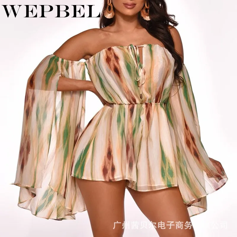 

WEPBEL Casual Short Sleeve Off Shoulder Sexy Corset Jumpsuit Split Print Romper Overalls Women Summer Boho Playsuit