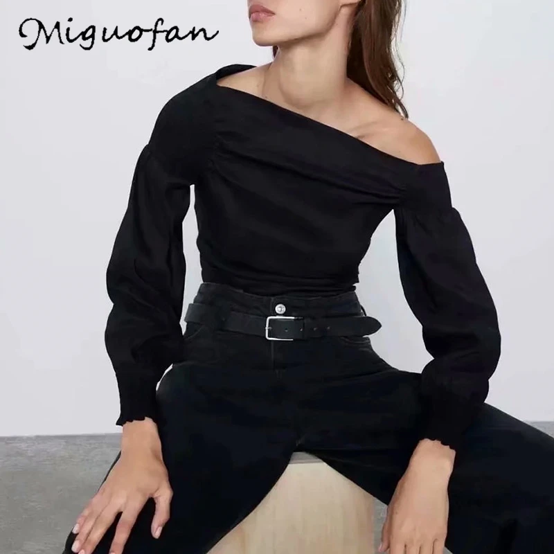Miguofan винтажная черная блузка с открытыми плечами женские блузки рубашки длинным