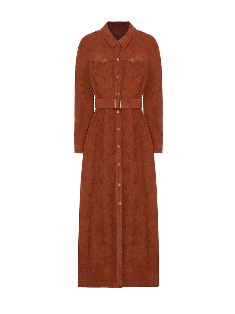 

Long Dress Velvet 2021 Spring Autumn Style Women Turn-down Collar Chest Pocket Patchwork Full Sleeve Vintage Long Coat Dress 2XL