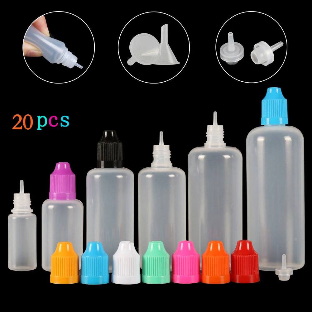 

20pcs 3ml-120ml Dropper Bottles Plasitc LDPE Empty Squeezable Eye Juice Essecn Container CRC Cap Long Dropper Tip + Funnels