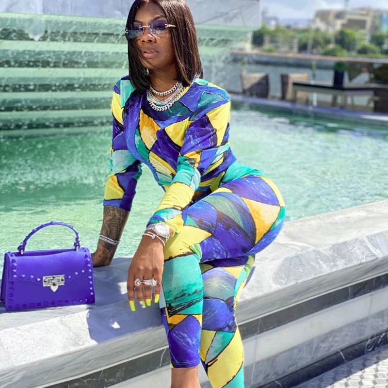 2020 Autumn/winter European and American new women's fashion print long-sleeved trousers sport casual suit