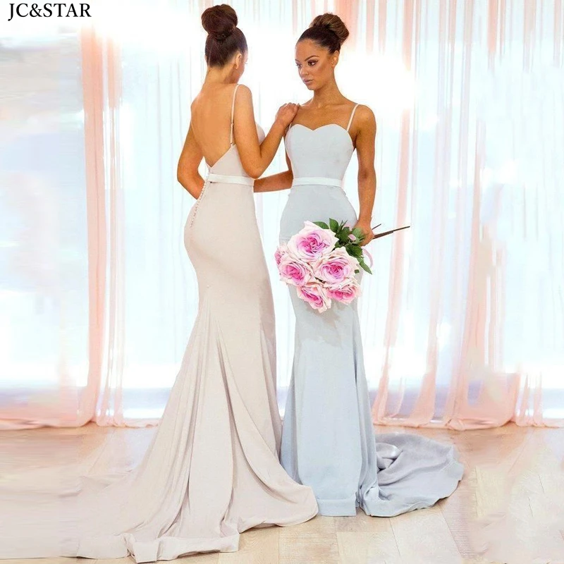

abiti da damigella new satin sexy V neck thin straps backless champagne blue sexy mermaid bridesmaid dress tail wedding party
