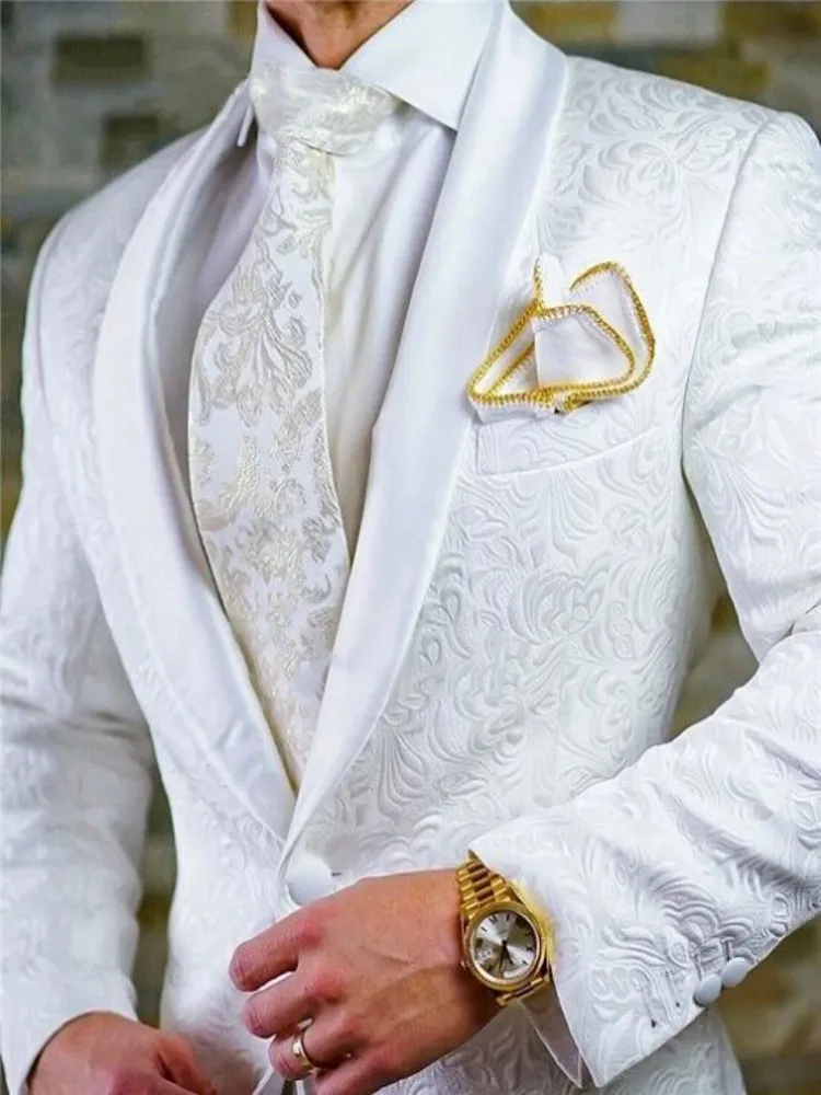 

Custom Made Men Suits White Pattern Groom Tuxedos Shawl Lapel Groomsmen Wedding Best Man 2 Pieces ( Jacket+Pants+Tie ) D82