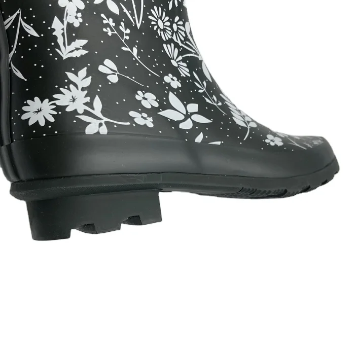 

Side buckle over-knee high height all black upper white flowers full printed cotton lined womens modern rubber customizable rain