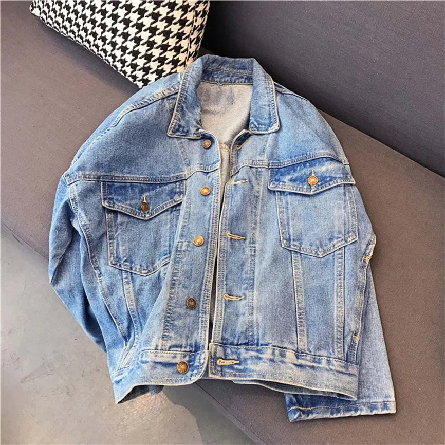 Женская джинсовая куртка с длинным рукавом винтажное свободное плотное пальто