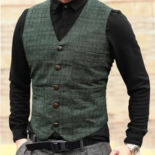 Gilet de costume en Tweed pour homme, veste à carreaux, style Steampunk, rayé, col en v, coupe cintrée, vêtement de mariage, marron et noir  (2)