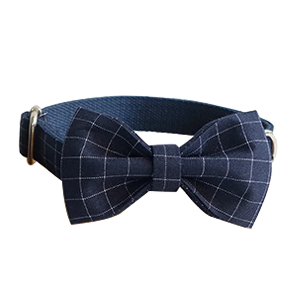 Темно синий клетчатый собачий ошейник и поводок с галстуком бабочкой