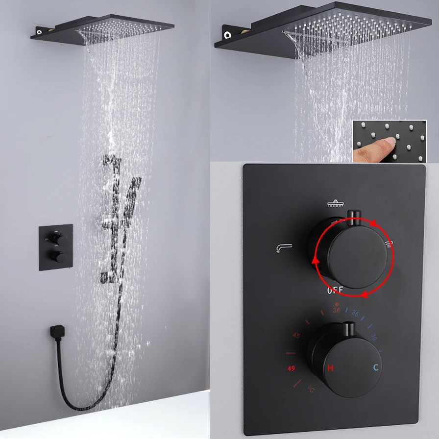 bathroom thermostatic shower faucets black luxury waterfall shower head thermostatic 3 ways valve bathroom shower faucet sets free global shipping