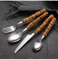 bamboo handle stainless steel steak cutlery set cake dessert spoon knife forks tableware creative kitchen dinnerware gift packag