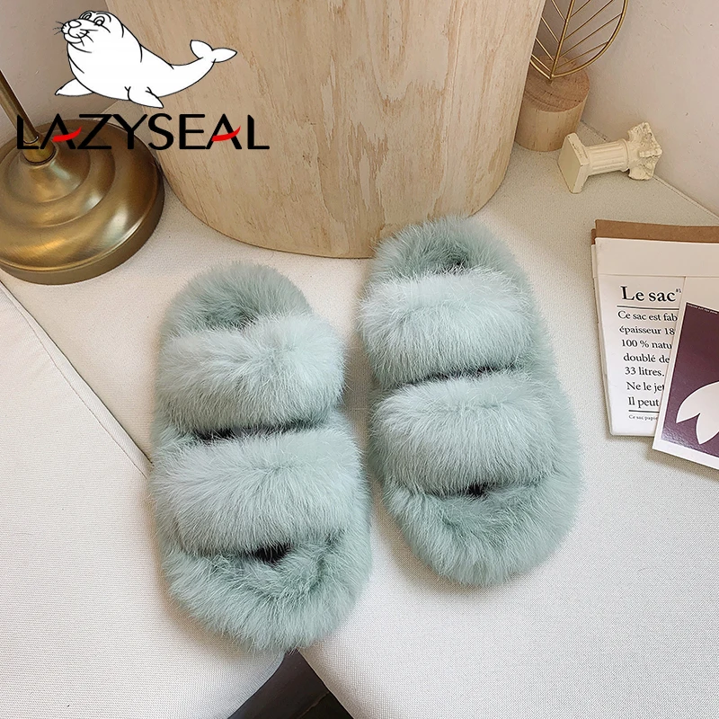 LazySeal/женские тапочки с натуральным мехом новые тапочки их меха под кролика домашние Шлепанцы женские пушистые домашние вьетнамки