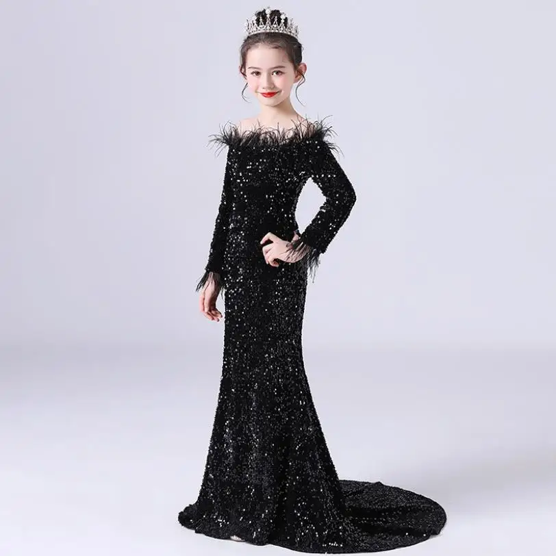

Sexy Sequined Tassel Stitching Mermaid Dress For Girls Kids Catwalk Perform Birthday Party Evening Gown Vestidos L1435