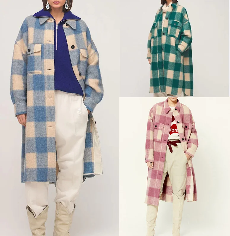

Autumn and winter 21 new French Lapel straight tube grid contrast color coat single breasted loose medium and long woolen coat