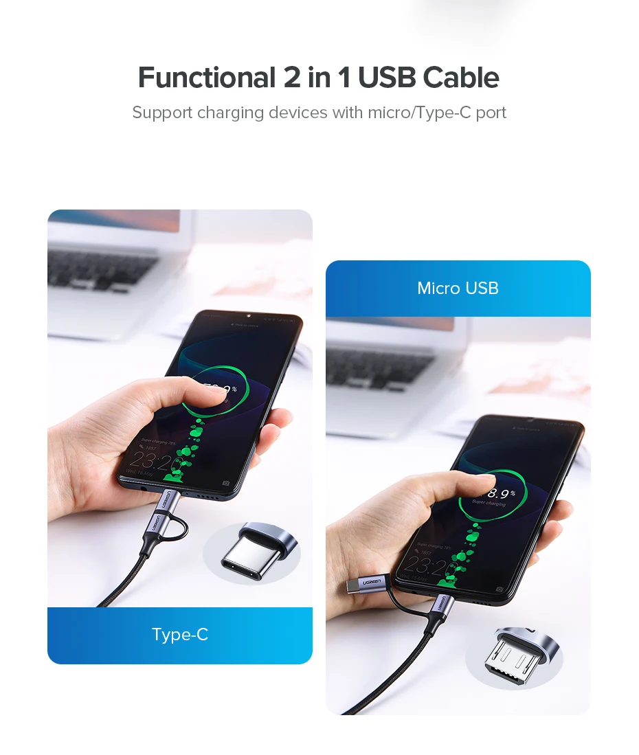 Ugreen usb type-C кабель для samsung Galaxy S10 S9 2 в 1 быстрый Micro USB кабель для зарядки и передачи данных мобильный телефон USB зарядное устройство Шнур
