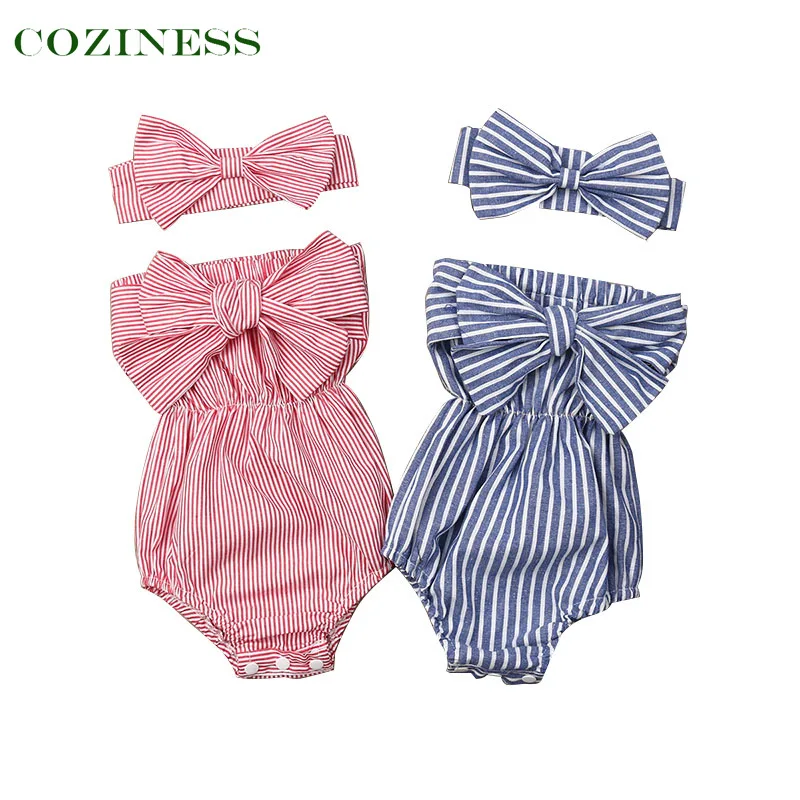 

COIZESS 100%Cotton Summer Girl Baby Sleeveless Bowknot Jumpsuit 0-2 Years Old Child Striped Triangle Pajama Rompers Hot Sale