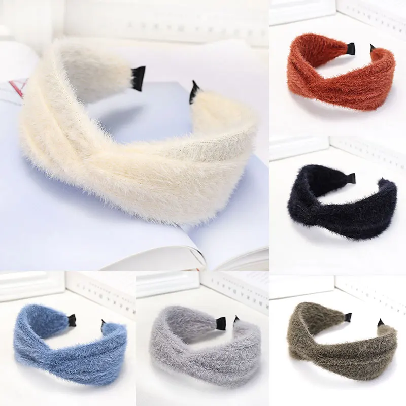 

Korean Sweet Faux Mink Fur Cross Knot Headband Wide Head Hoop Women Makeup Hairband Solid Color Soft Anti-slip Hair Accessories